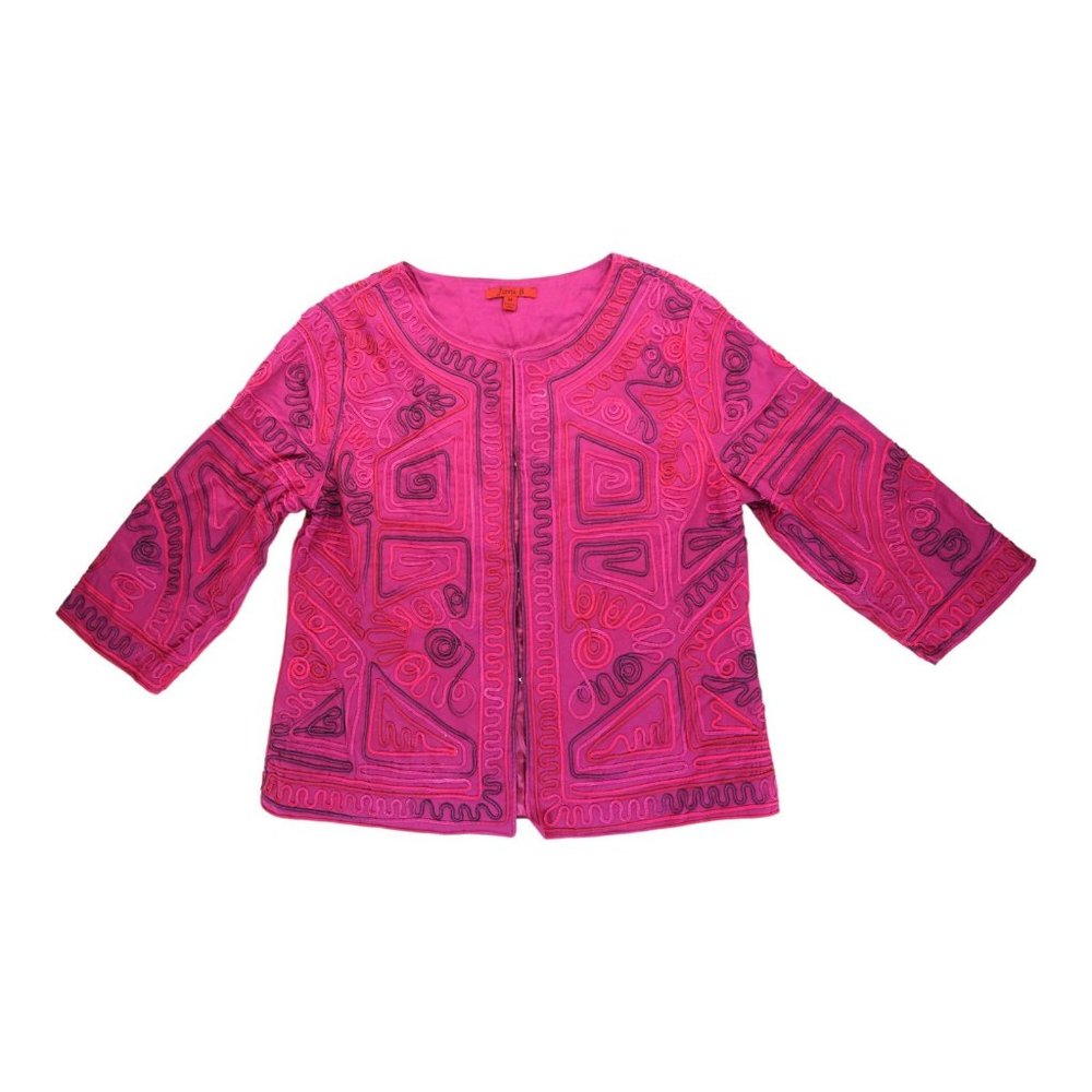 Joni B Boho Cropped Embroidered Jacket Topper Purple 3/4‎ Sleeve Aztec M